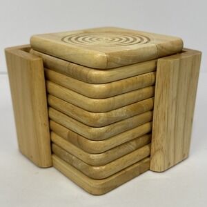 Natural Wood Coaster Set of 6 with Holder Carved Concentric Circle Design Square